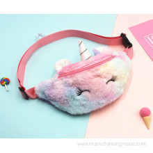 Hot Sale Little Girl Warm Colorful Rainbow Plush Soft Unicorn Fanny Pack Kids Bum Bags Ladies Cute Waist Bag